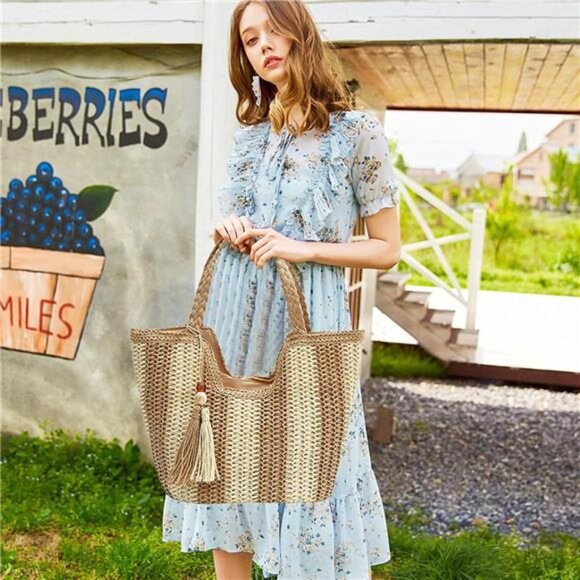 Women Straw Beach Bag Large Beige Khaki - Picture 7 of 7